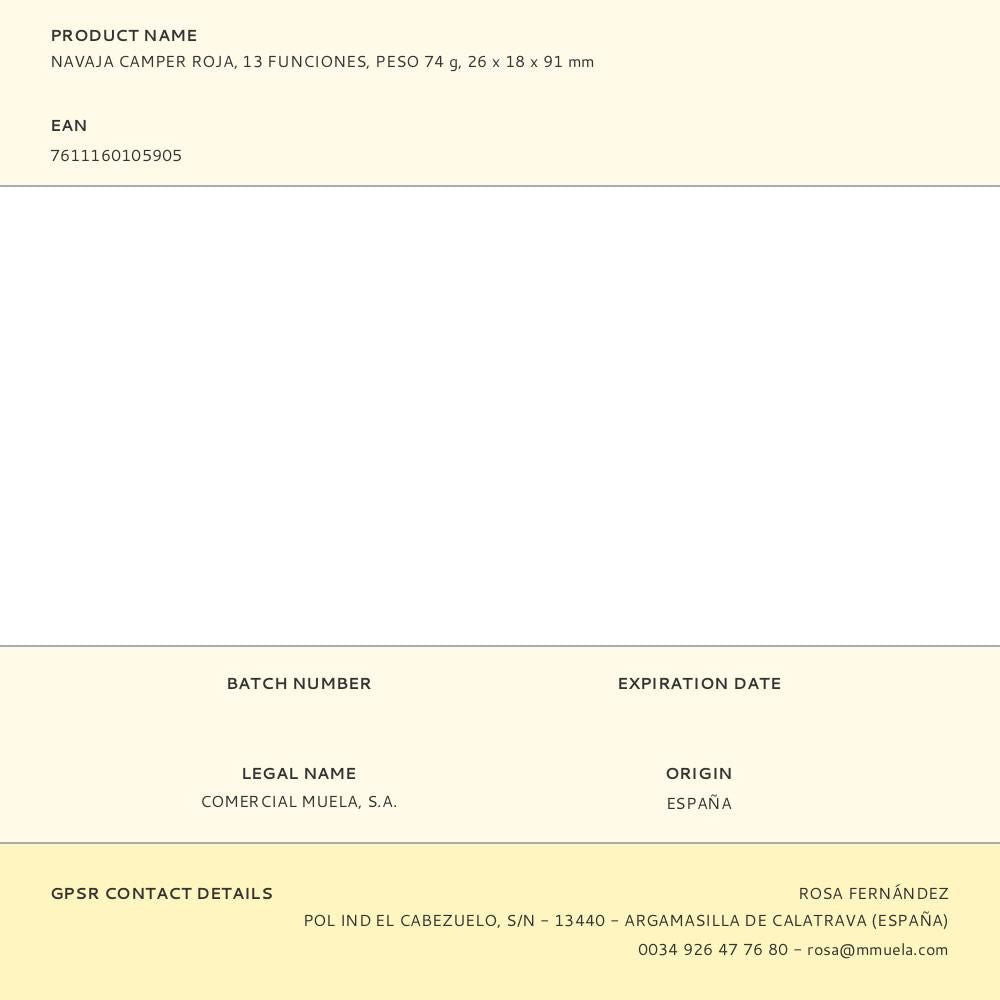 Navaja camper roja, 13 funciones, peso 74 g, 26 x 18 x 91 mm