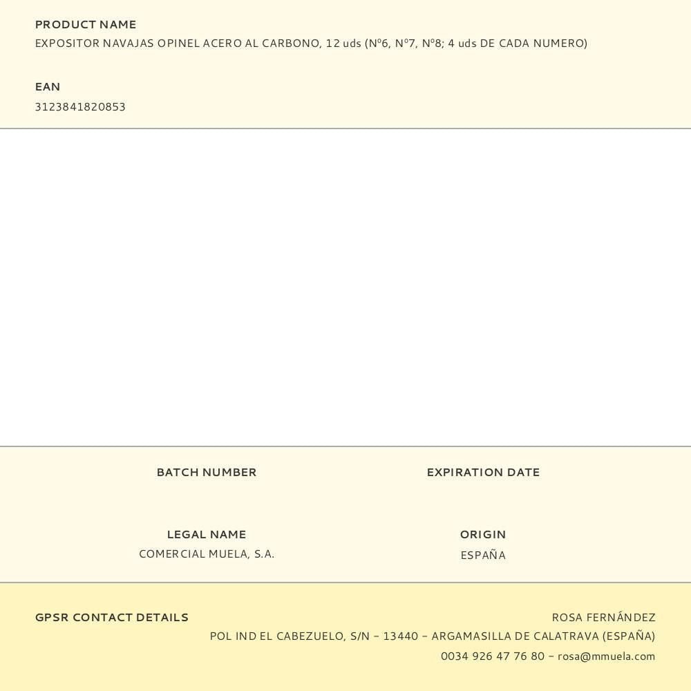 Expositor navajas opinel acero al carbono, 12 uds (nº6, nº7, nº8 - 4 uds de cada numero)