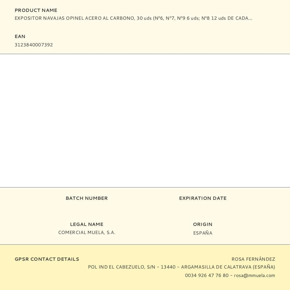 Expositor navajas opinel acero al carbono, 30 uds (nº6, nº7, nº9 6 uds - nº8 12 uds de cada numero)