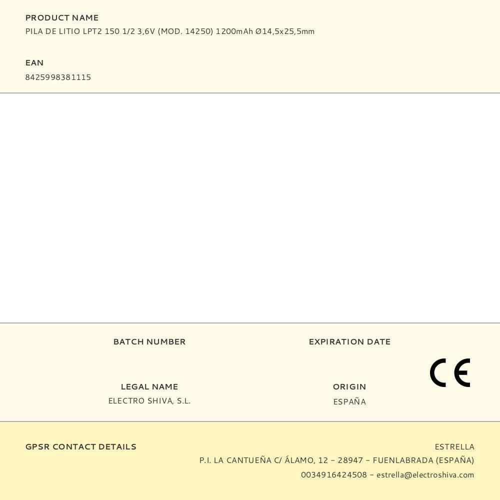 Pila de litio lpt2 150 1/2 3,6v (mod. 14250) 1200mah ø14,5x25,5mm