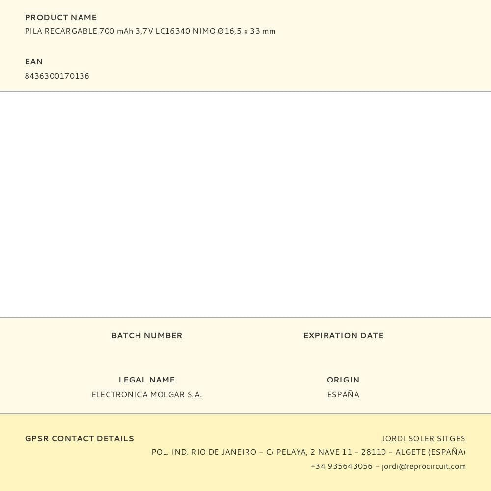 Pila recargable 700 mah 3,7v lc16340 nimo ø16,5 x 33 mm
