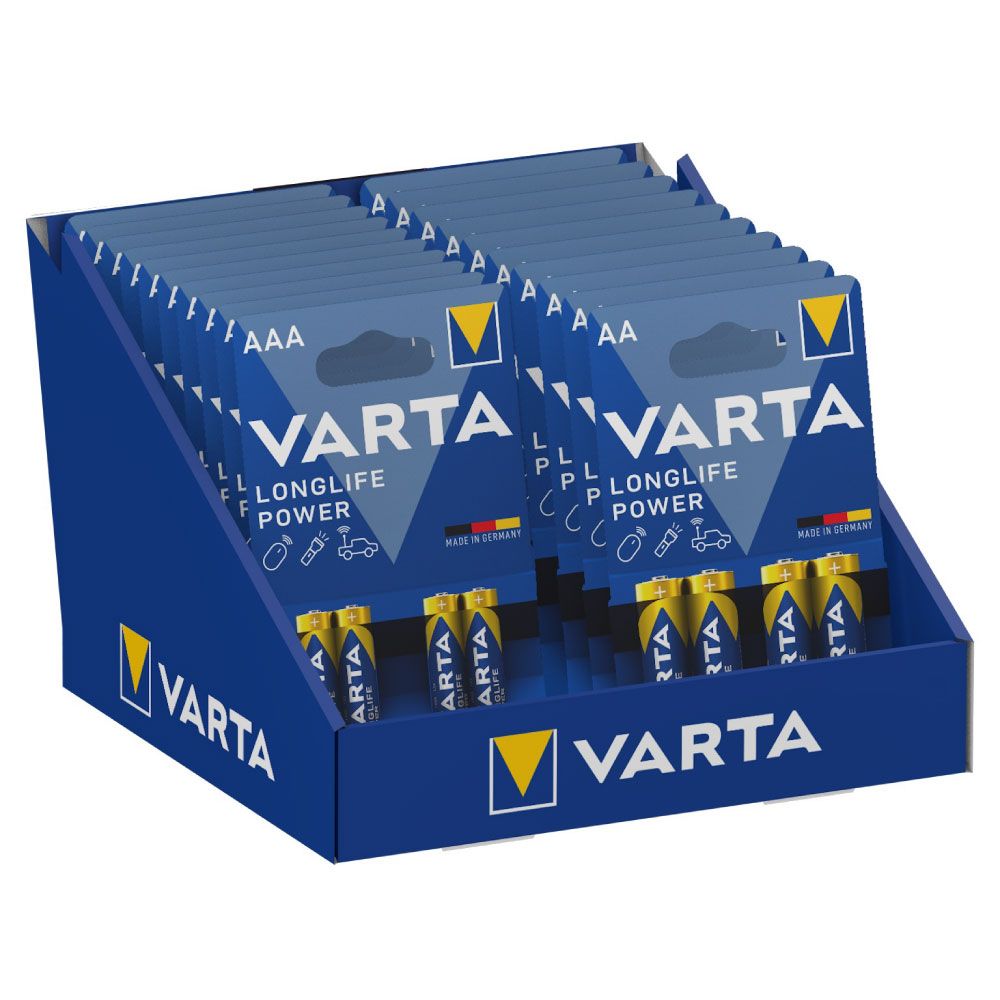 Expositor de carton de sobremesa de pilas varta "long life" 10 blisters 4xaaa lr03 +10 blisters 4xaa lr06 varta 27x18x17cm