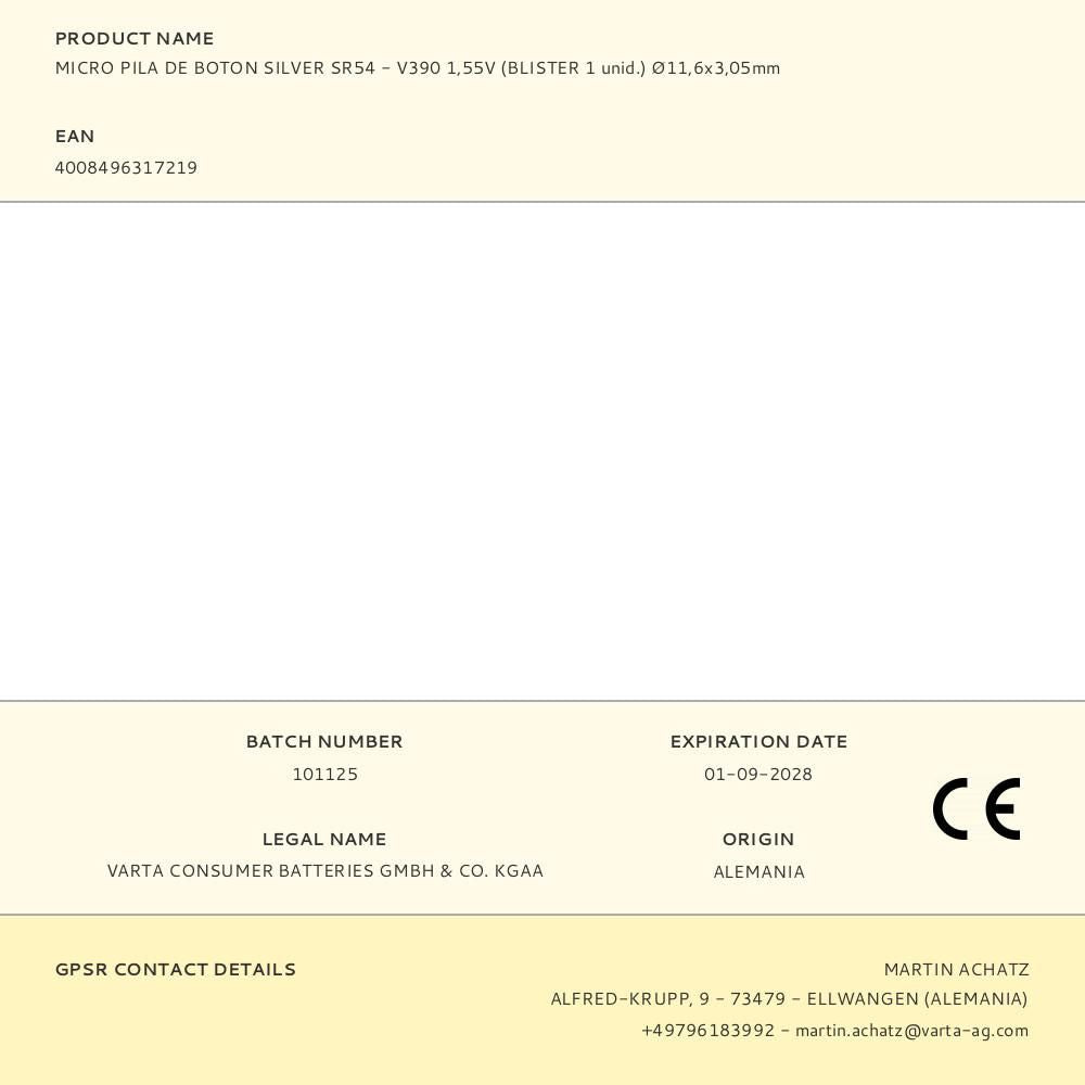 Micro pila de botón silver sr54 - v390 1,55 v ø11,6 x 3,05 mm blister