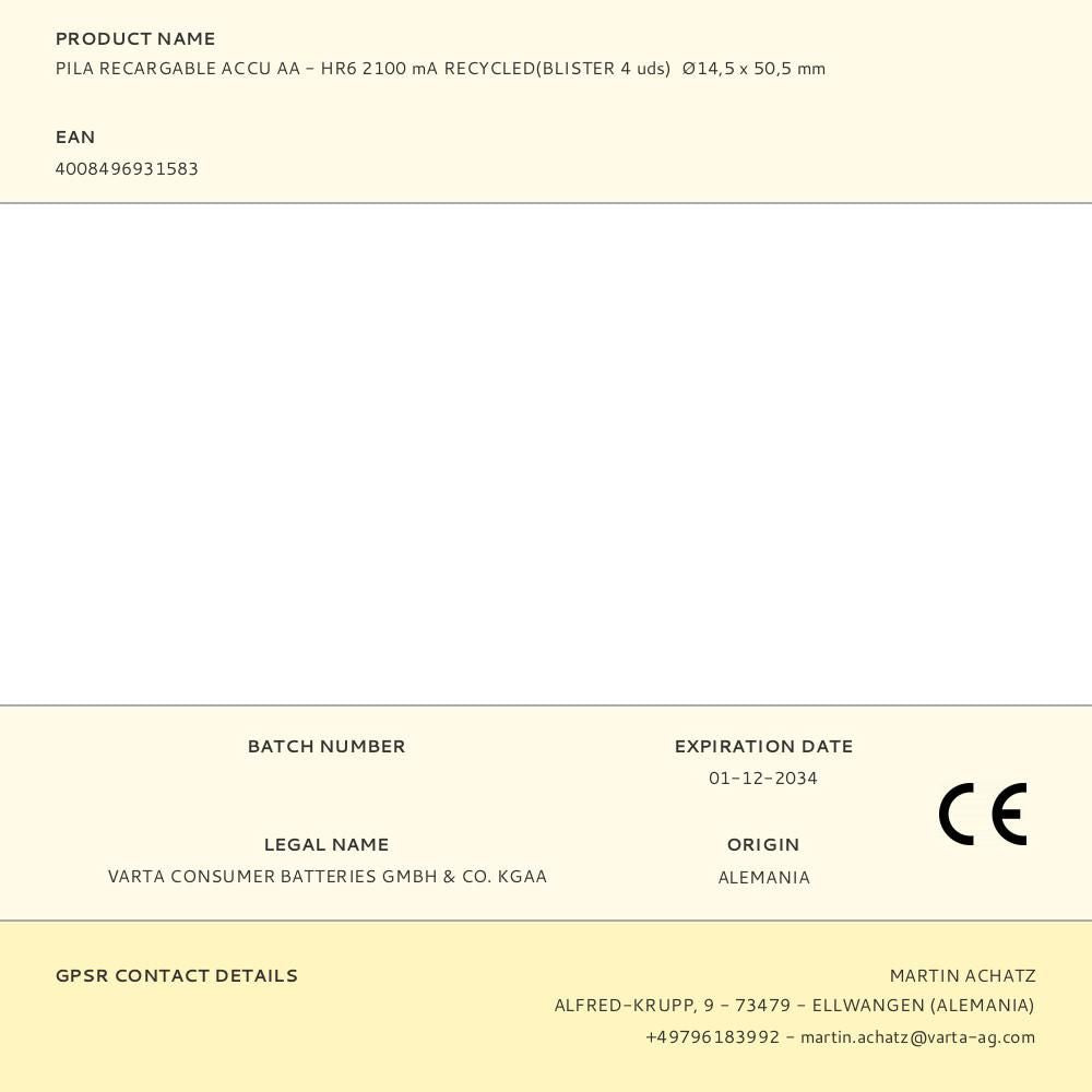 Pila recargable accu aa - hr6 2100 ma recycled(blister 4 uds) ø14,5 x 50,5 mm