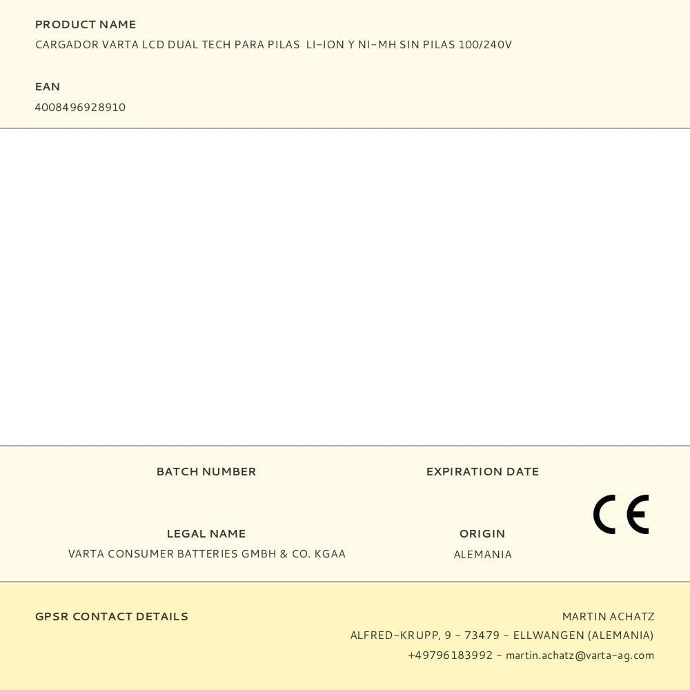 Cargador varta lcd dual tech para pilas li-ion y ni-mh sin pilas 100/240v