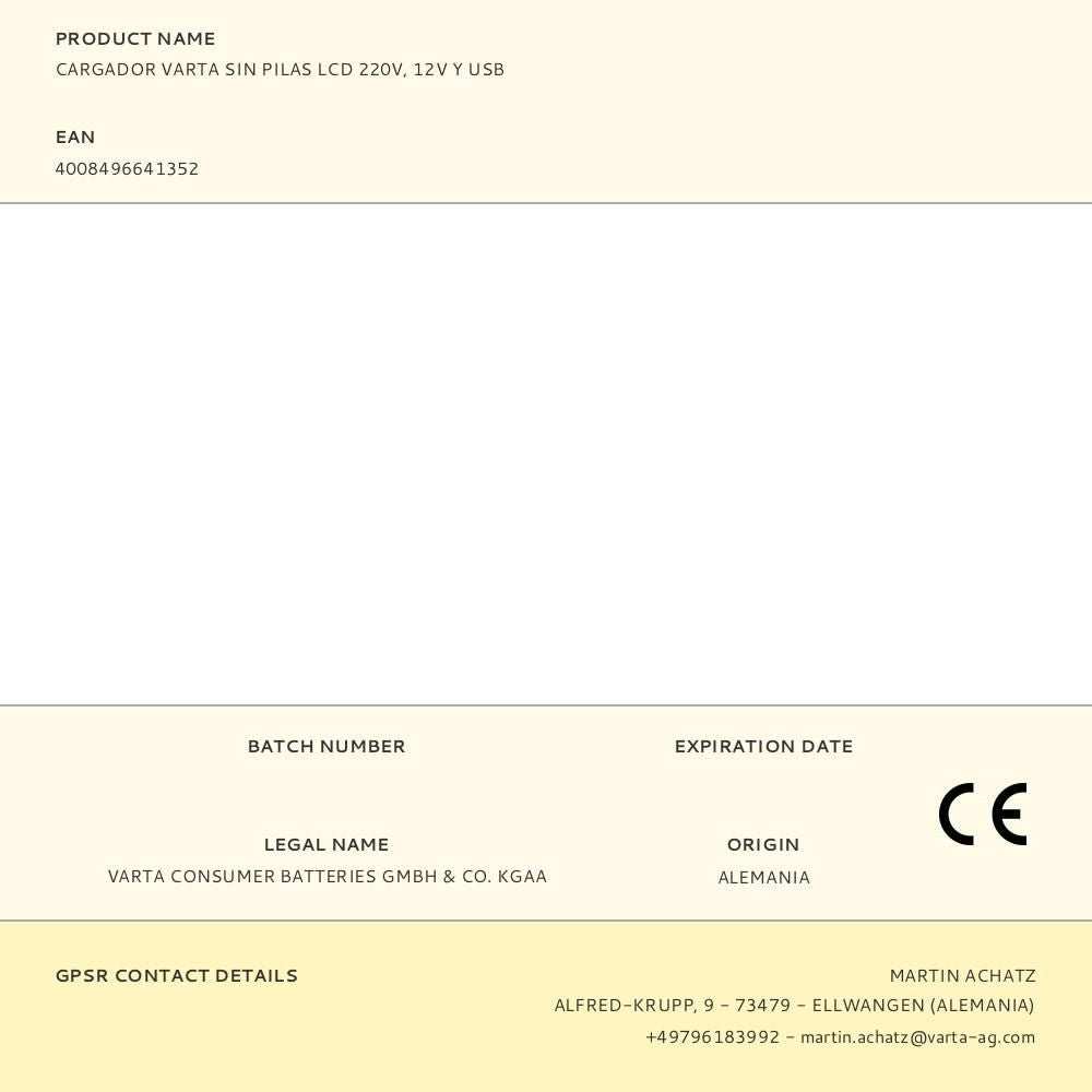 Cargador varta sin pilas lcd 220v, 12v y usb