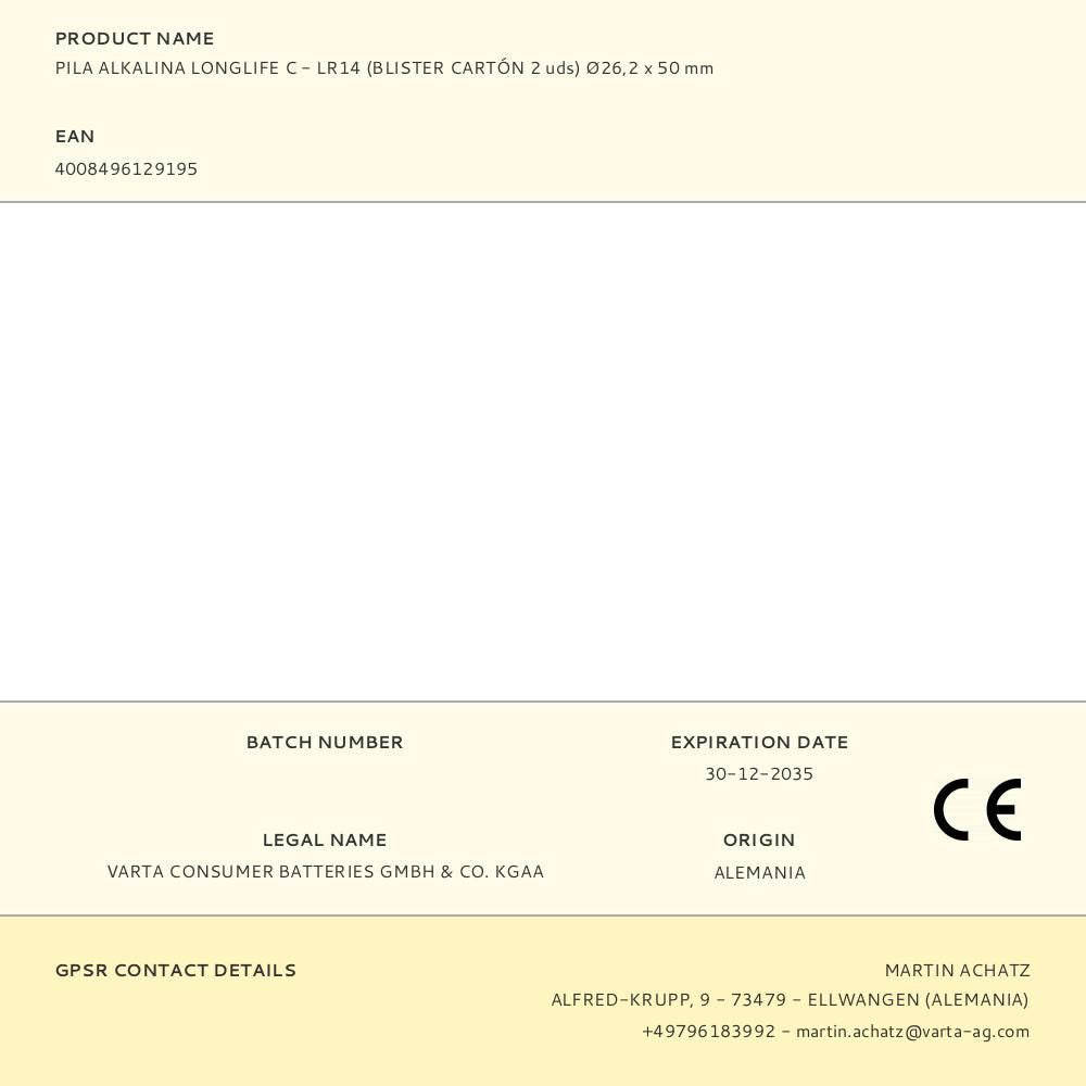 Pila alkalina longlife c - lr14 (blister cartón 2 uds) ø26,2 x 50 mm