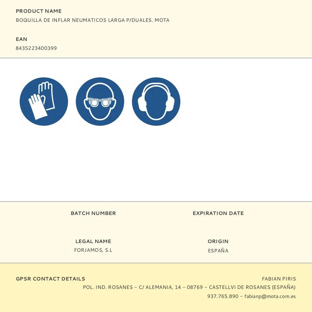 Boquilla de inflar neumaticos larga p/duales. mota