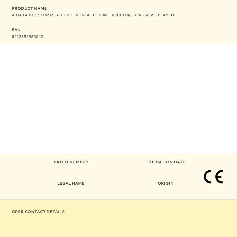 Adaptador 3 tomas schuko frontal con interruptor, 16 a 250 v~, blanco