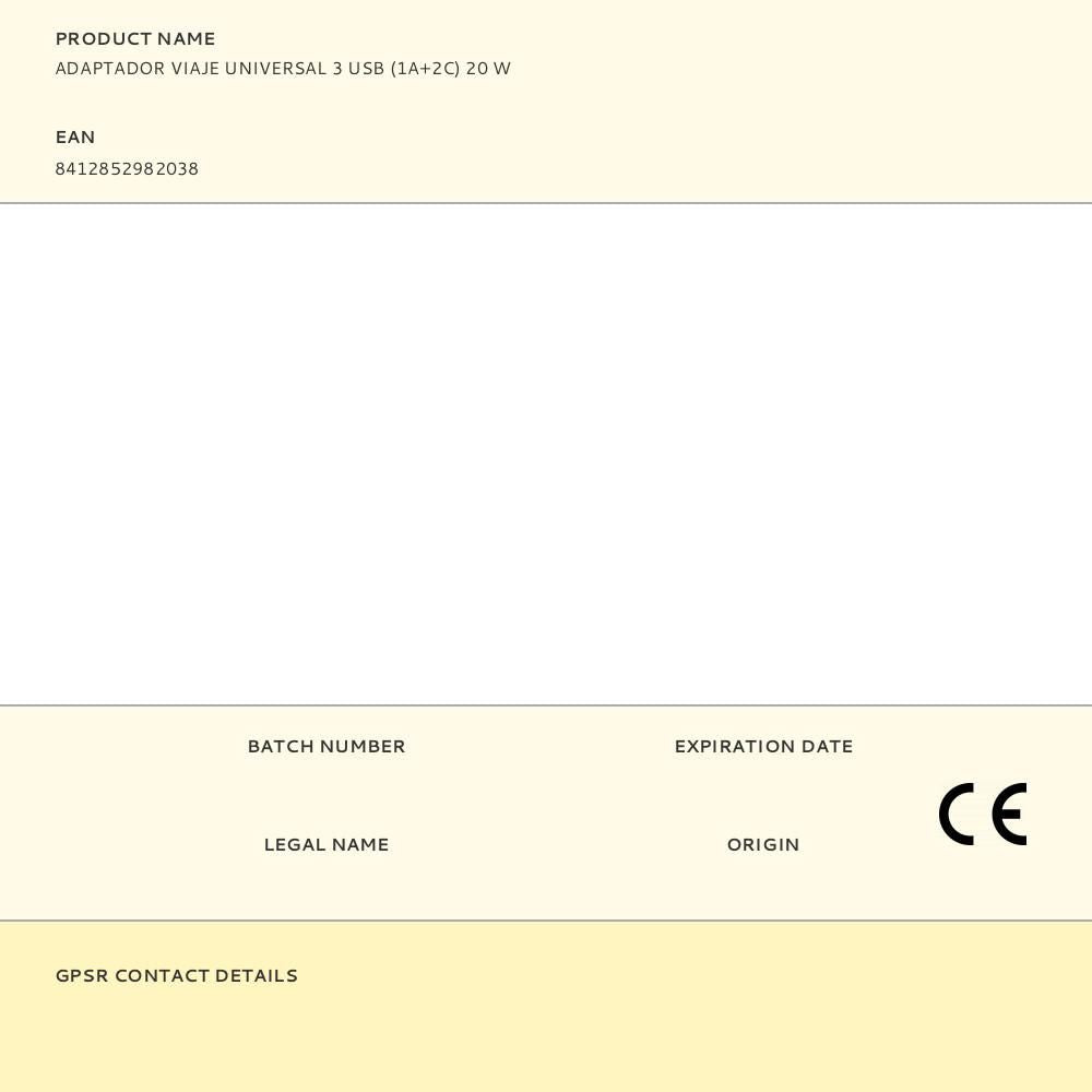 Adaptador viaje universal 3 usb (1a+2c) 20 w
