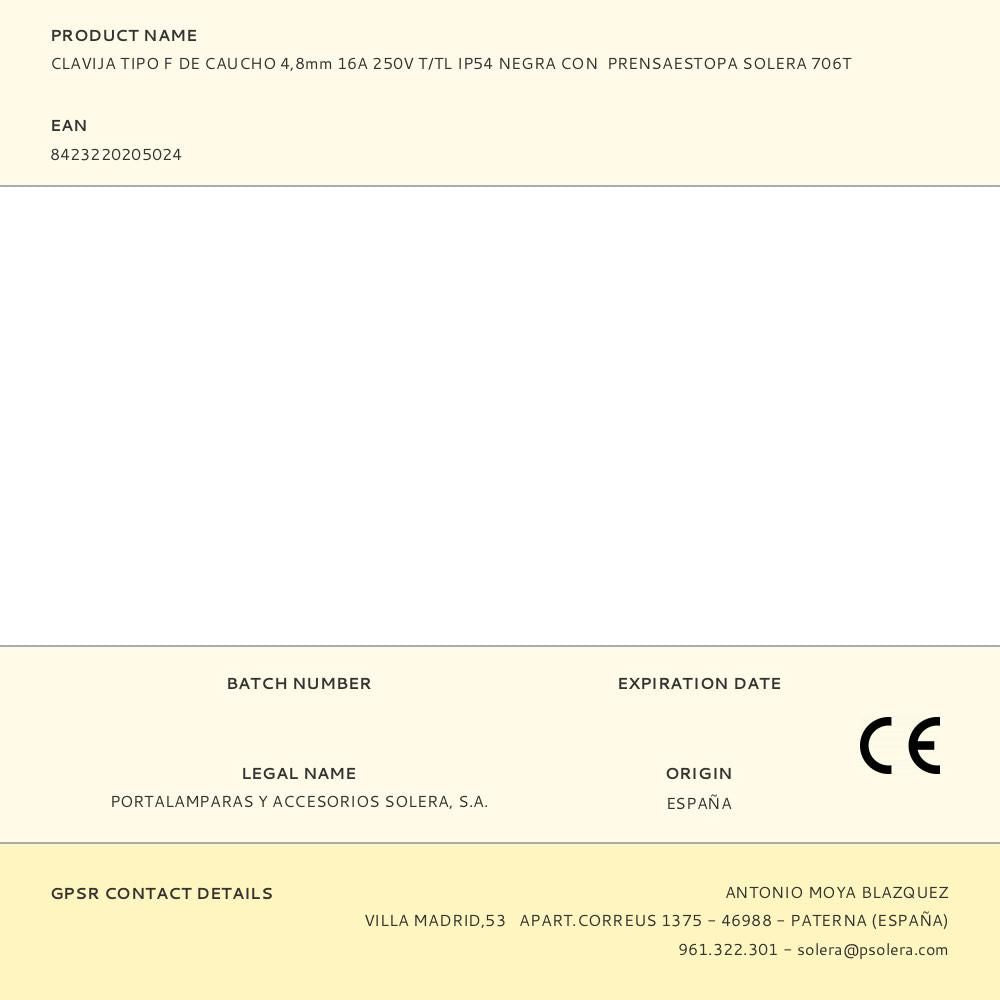 Clavija tipo f de caucho 4,8mm 16a 250v t/tl ip54 negra con prensaestopa solera 706t