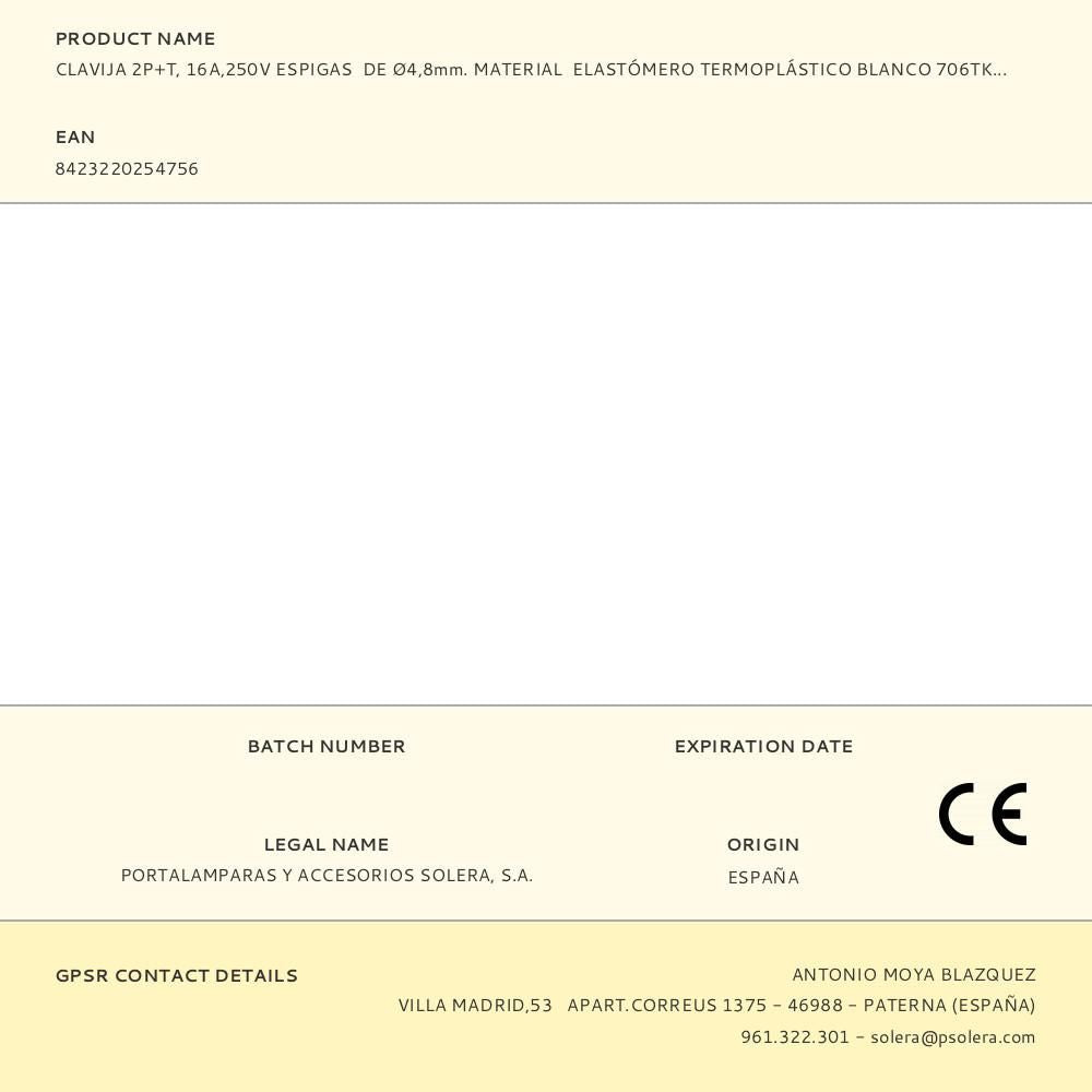 Clavija 2p+t, 16a,250v espigas de ø4,8mm. material elastómero termoplástico blanco 706tkb solera