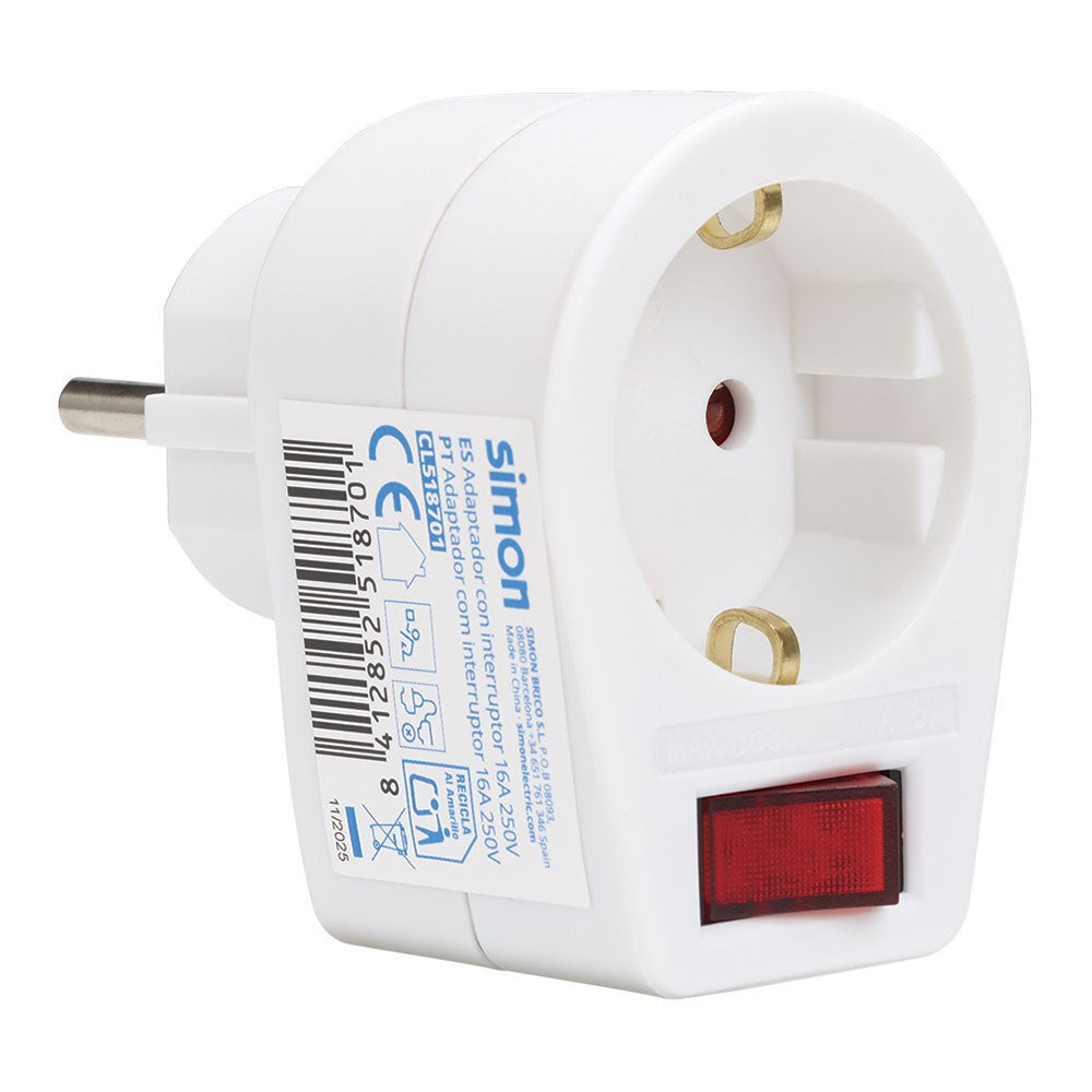 Adaptador schuko 2p+t 16a 250v~, con interruptor, blanco