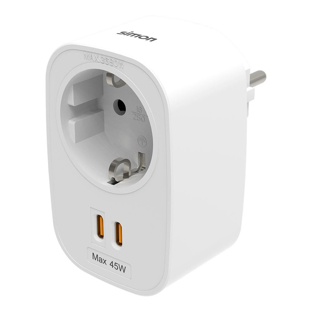 Adaptador combi schuko 2p+t 16a 230-250v~50hz + 2 usb-c 45w, blanco