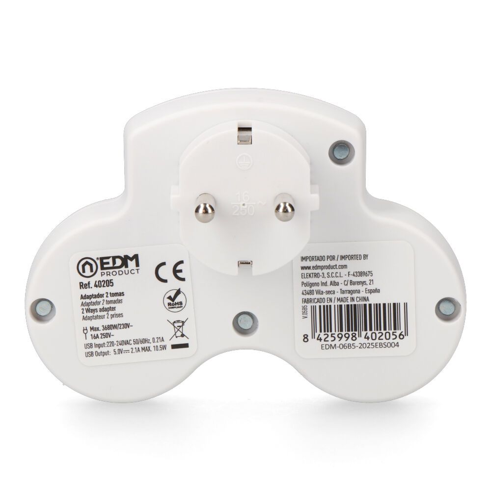Adaptador 2 tomas 2p+t schuko con 2 usb (a + c), blanco