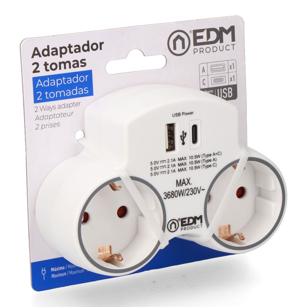 Adaptador 2 tomas 2p+t schuko con 2 usb (a + c), blanco