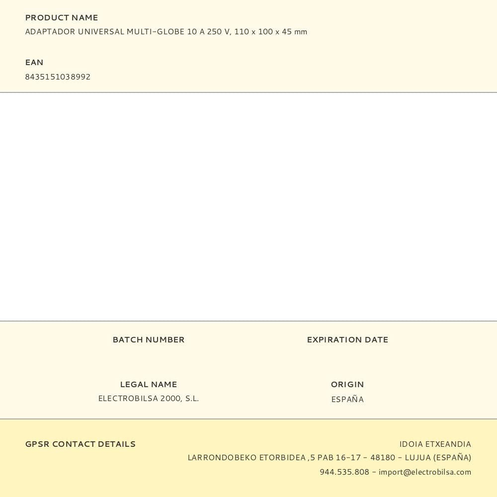 Adaptador universal multi-globe 10 a 250 v, 110 x 100 x 45 mm