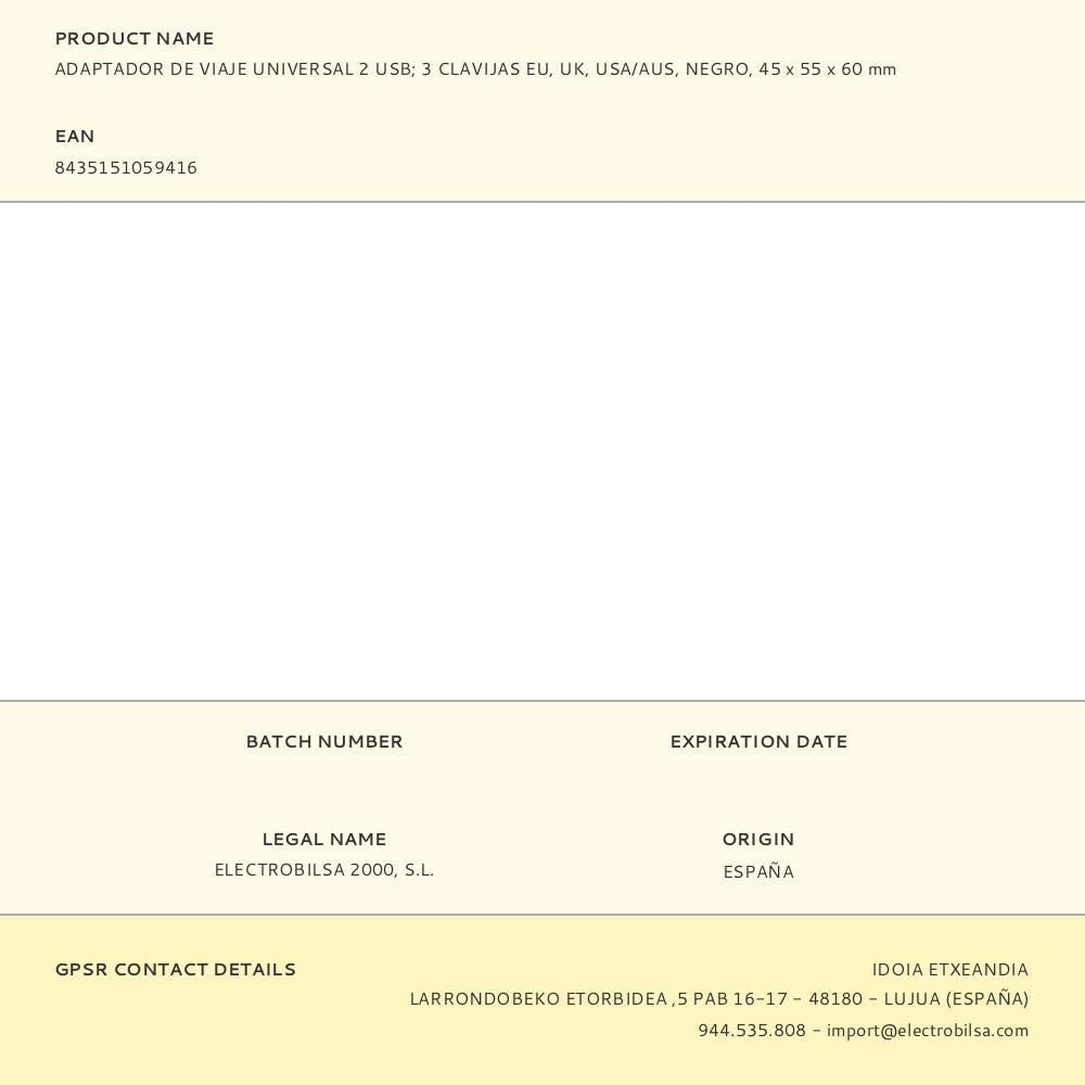 Adaptador de viaje universal 2 usb - 3 clavijas eu, uk, usa/aus, negro, 45 x 55 x 60 mm