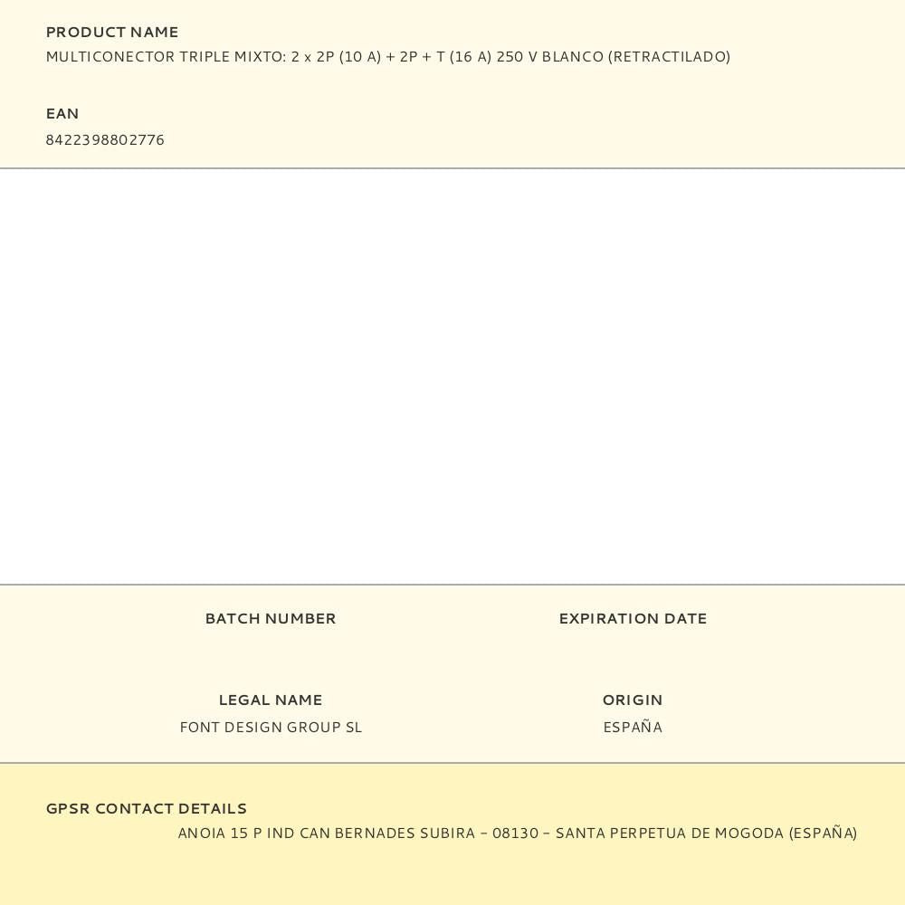 Multiconector triple mixto: 2 x 2p (10 a) + 2p + t (16 a) 250 v blanco (retractilado)