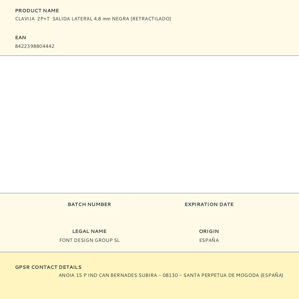 Clavija 2p+t salida lateral 4,8 mm negra (retractilado)