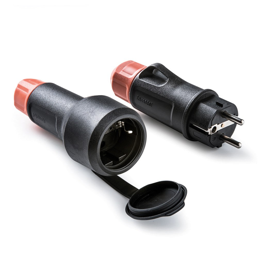 Base móvil con tapa de goma y clavija schuko 2p+t 16a 250 v, ip54, negra, máx. 1,5 x 2,5 mm², blister