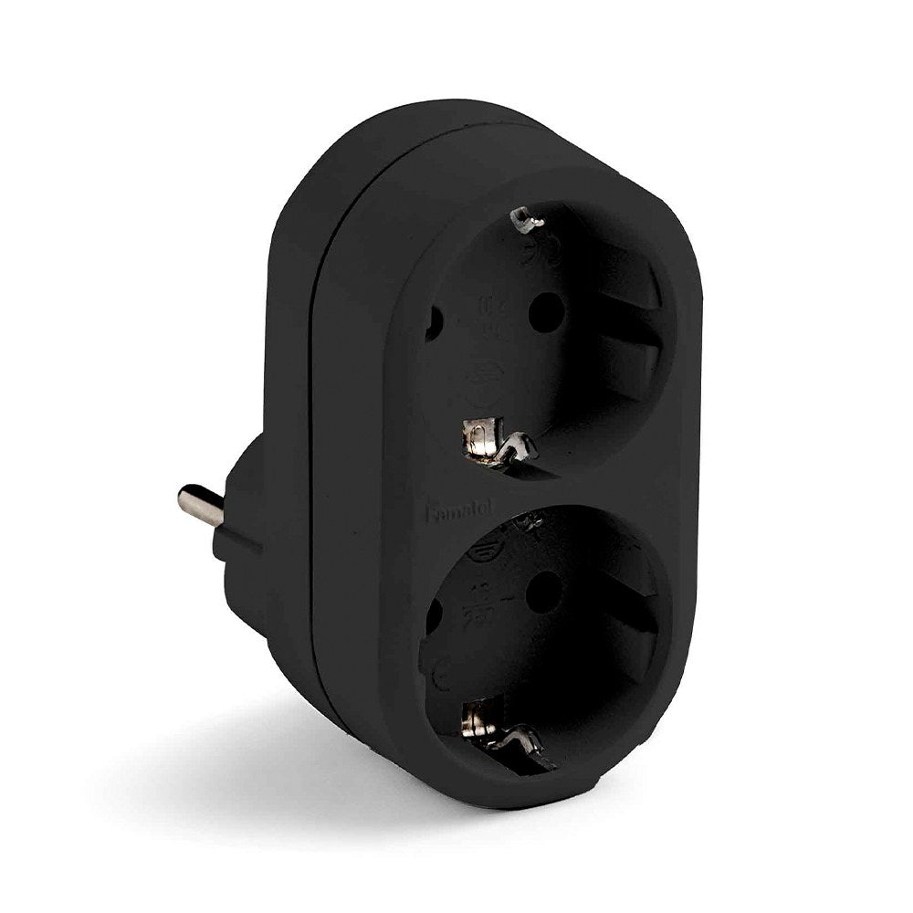Adaptador doble schuko 2p+t 16a 250 v con entrada frontal, negro, blister