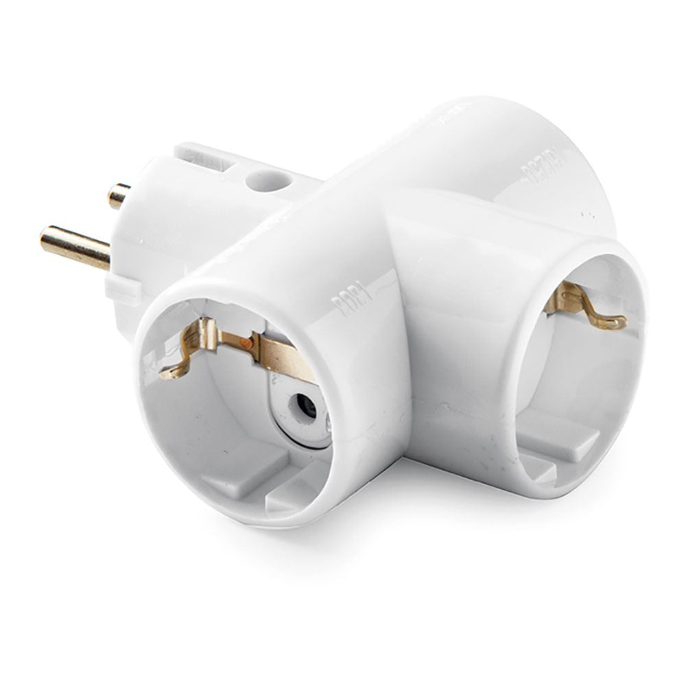 Adaptador triple schuko 2p+t, 16a 250 v, portacontactos en cerámica, reforzado, blanco, retractilado