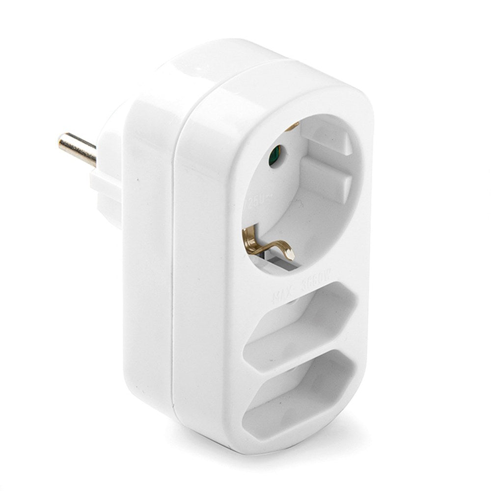 Adaptador triple mixto: 2 x 2p 10a y schuko 2p+t 16a 250 v, blanco, retractilado