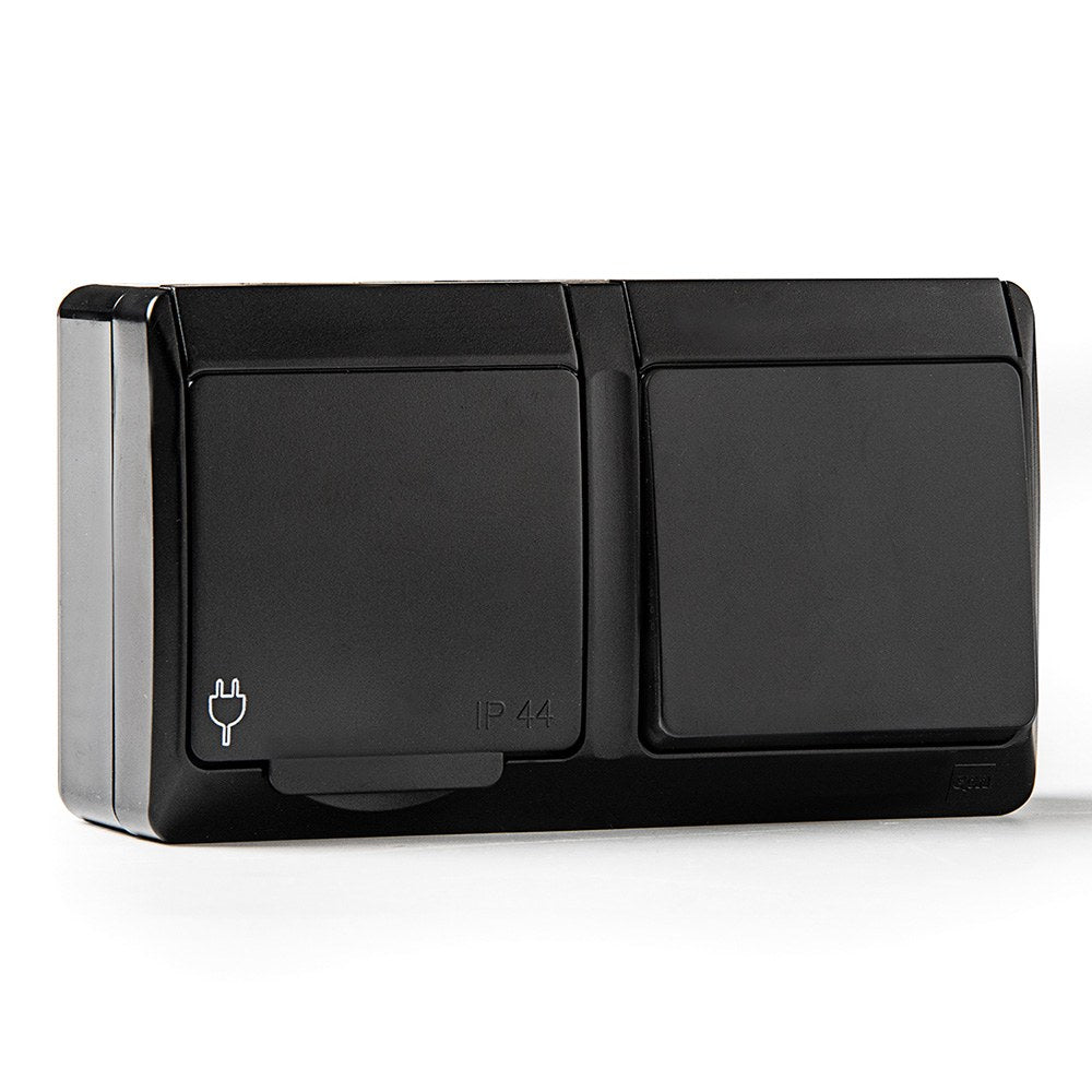 Conmutador + base estanca, ip44 16 a 250 v, negro, blister