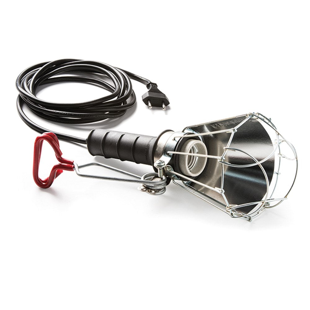 Lámpara portátil con pantalla 100 w 250 v e27, mango de goma negro, cable 5 m y pinza, en bolsa