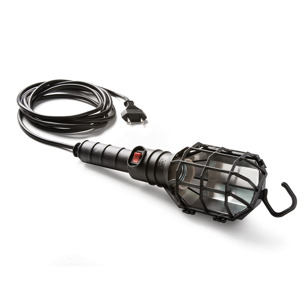 Lámpara portátil con pantalla 60 w 250 v e27, mango de goma negro, cable 5 m, interruptor y gancho, en bolsa