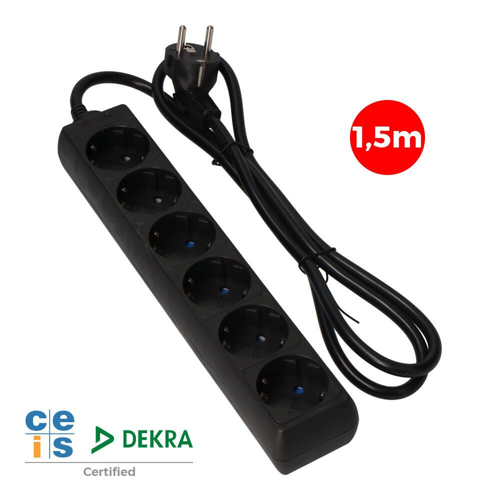Base múltiple, 6 tomas schuko 2p+t, 1,5 m de cable h05vv-f 3g1,5 mm² 16a 250v~ 3680 w, negra