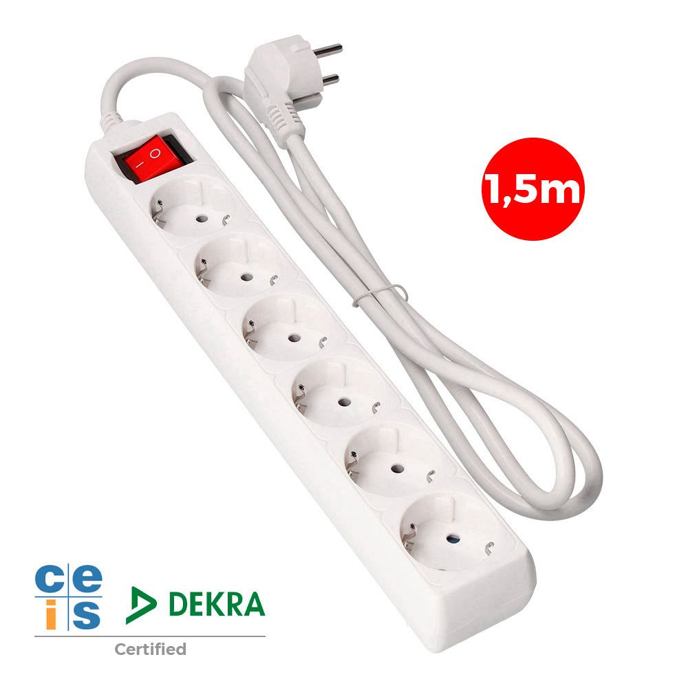 Base múltiple 6 tomas 2p+t con interruptor luminoso, 16a 250 v~ 1,5 m de cable h05vv-f 3 g 1,5 mm² blanca