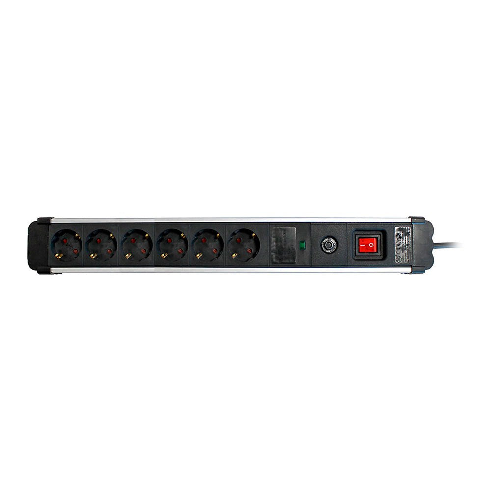 Base múltiple, 6 tomas, schuko 2p+t, 16a 250v~, 1,5 m cable, c/interruptor y prot. sobretensiones, aluminio