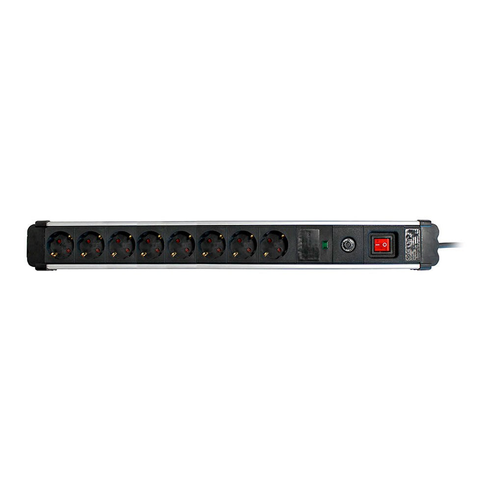 Base múltiple, 8 tomas, schuko 2p+t, 16 a 250 v~, 1,5 m cable, c/interruptor y prot. sobretensiones, aluminio