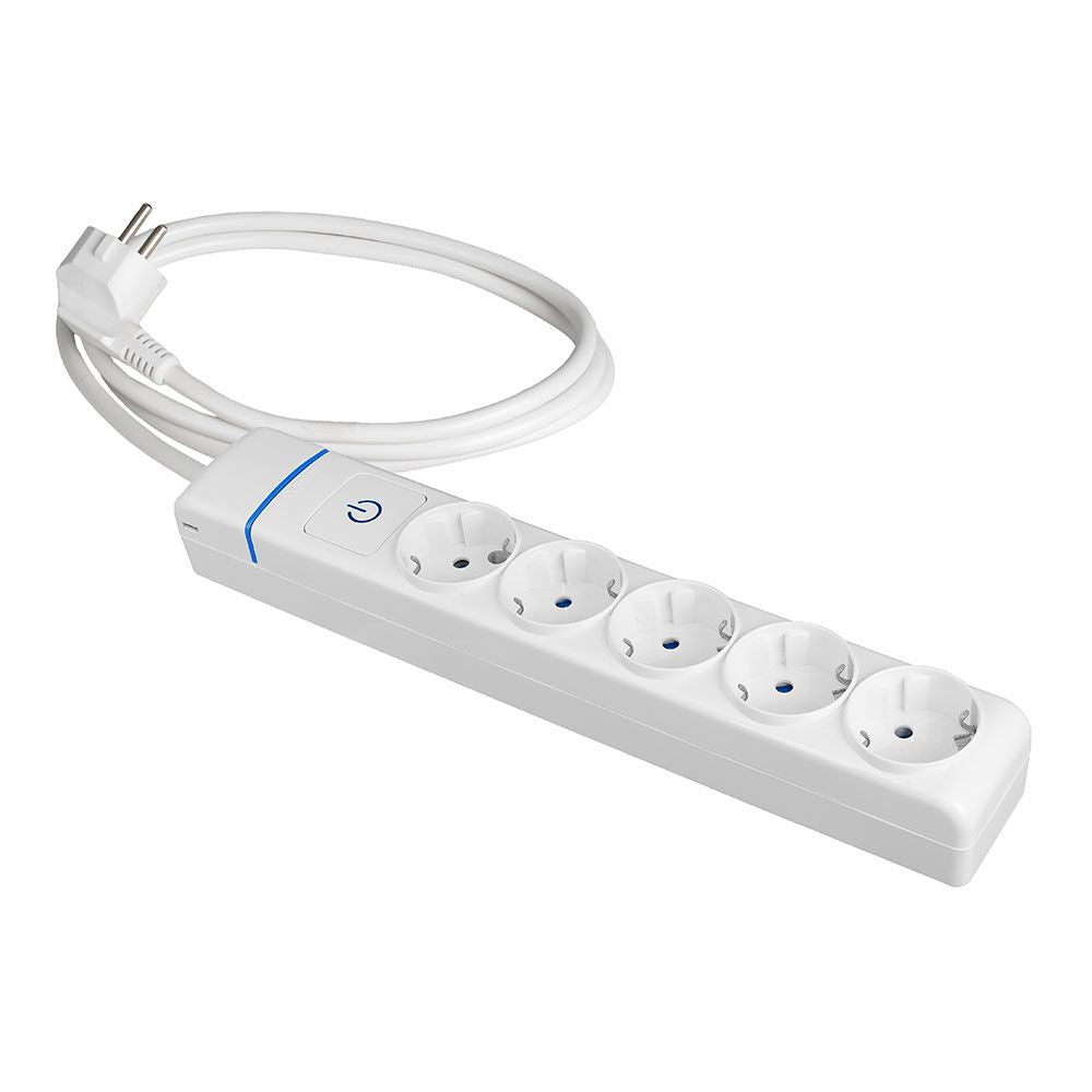 Base múltiple con 5 tomas 2p+t, con interruptor luminoso, 1,5 m cable h05vv-f 3g1,5 mm², blanca