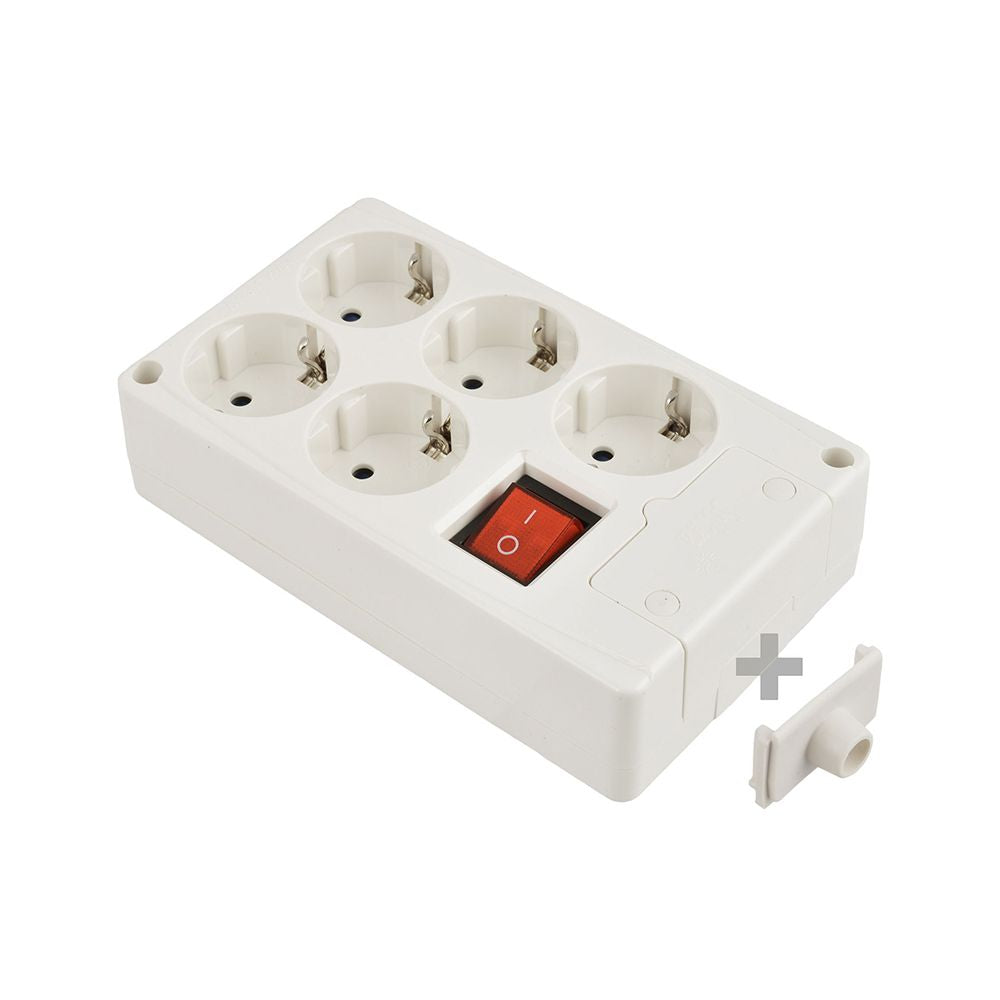 Base multiple 5 tomas t/tl 10/16 a 250 v, sin cable, con interruptor, blanca