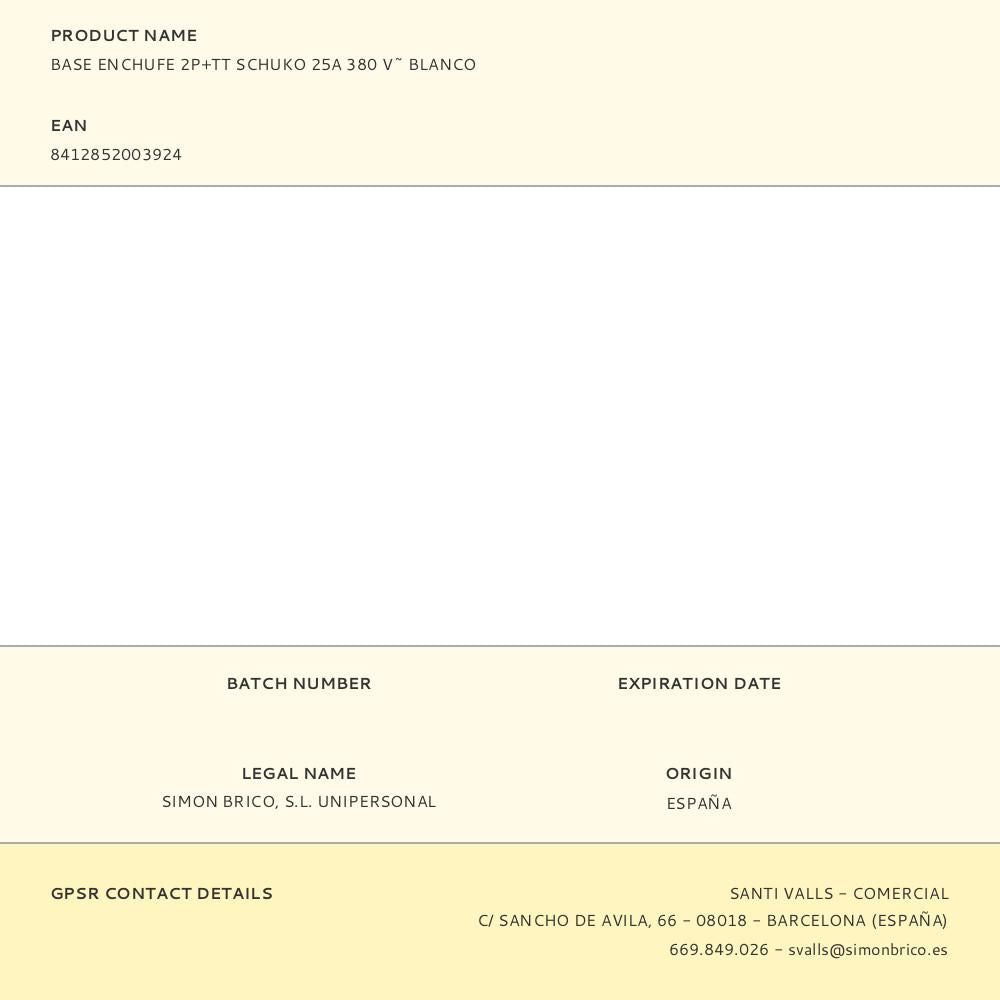 Base enchufe 2p+tt schuko 25a 380 v~ blanco