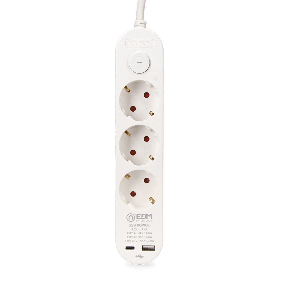 Base múltiple 3 tomas schuko, interruptor, 2 usb a + c, 1,5m de cable h05vv-f, 3g1,5 mm², 16a 250v~, blanca