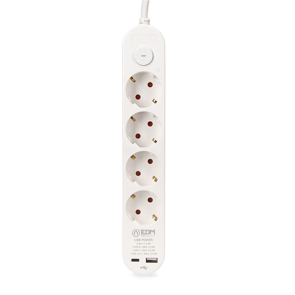 Base múltiple 4 tomas schuko, interruptor, 2 usb a + c, 1,5m de cable h05vv-f, 3g1,5 mm², 16a 250v~, blanca