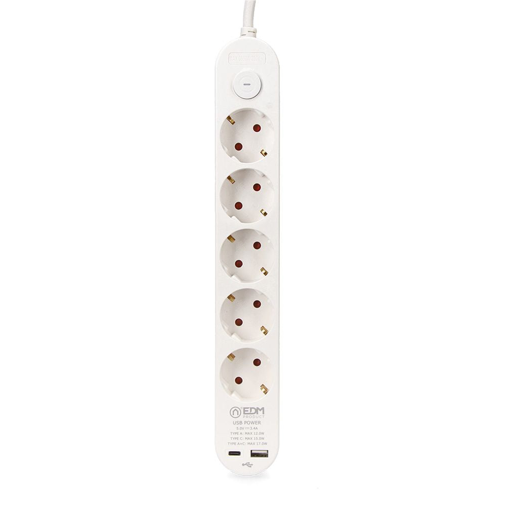 Base múltiple 5 tomas schuko, interruptor, 2 usb a + c, 1,5m de cable h05vv-f, 3g1,5 mm², 16a 250v~, blanca