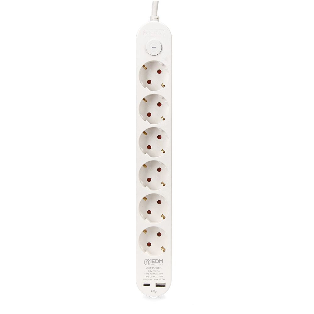 Base múltiple 6 tomas schuko, interruptor, 2 usb a + c, 1,5m de cable h05vv-f, 3g1,5 mm², 16a 250v~, blanca