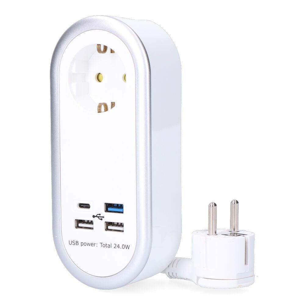 Base aérea 1 toma 2p+t schuko, 4 usb (3 x a + 1 x c), 1,5 m de cable h05vv-f 3g1,5 mm², 16a 250v~, blanca