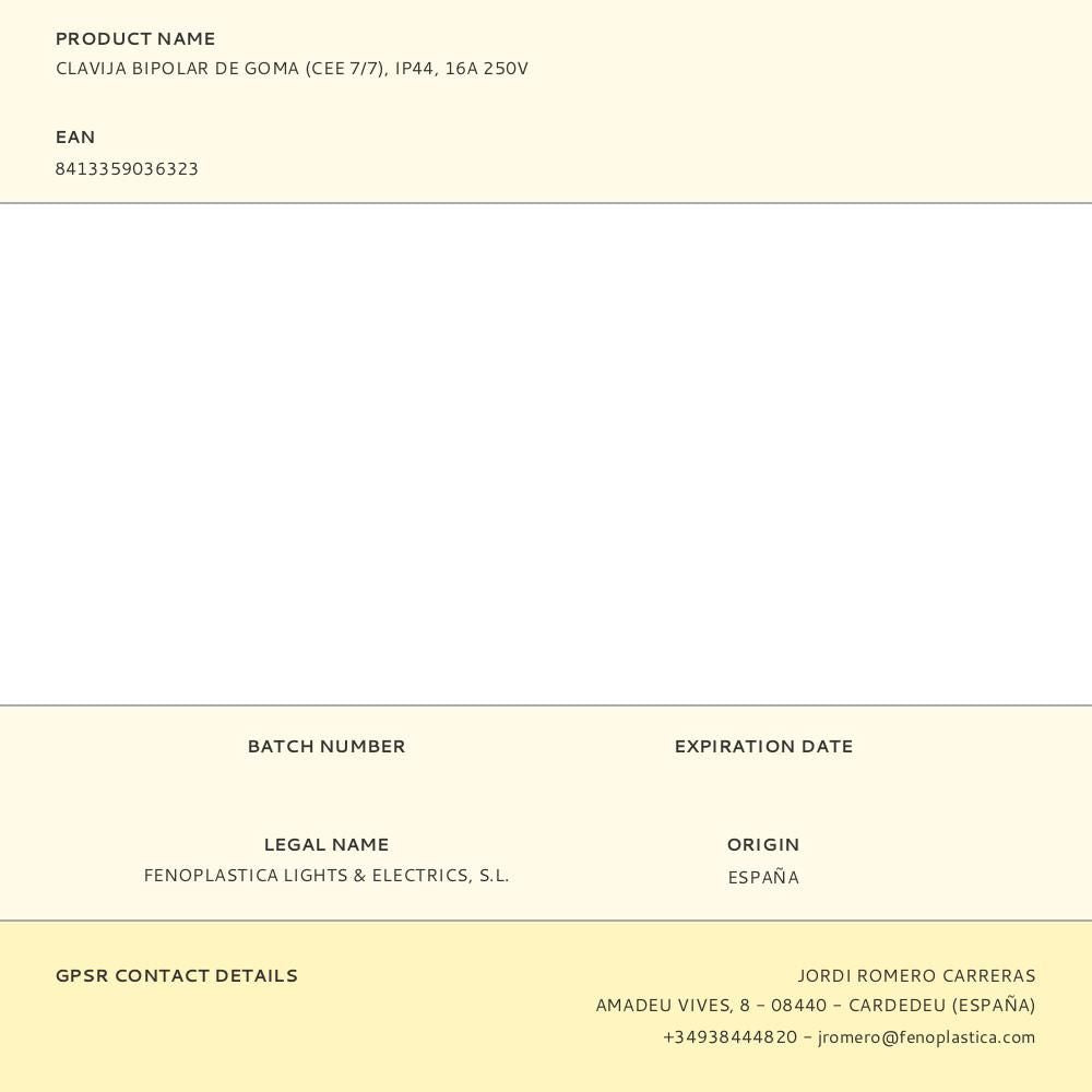 Clavija bipolar de goma (cee 7/7), ip44, 16a 250v