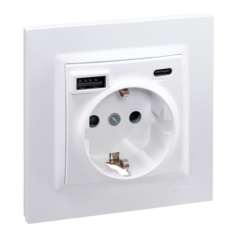 Base enchufe schuko + usb a + c 10,5 w 16 a 250 v~, simon 10, blanco
