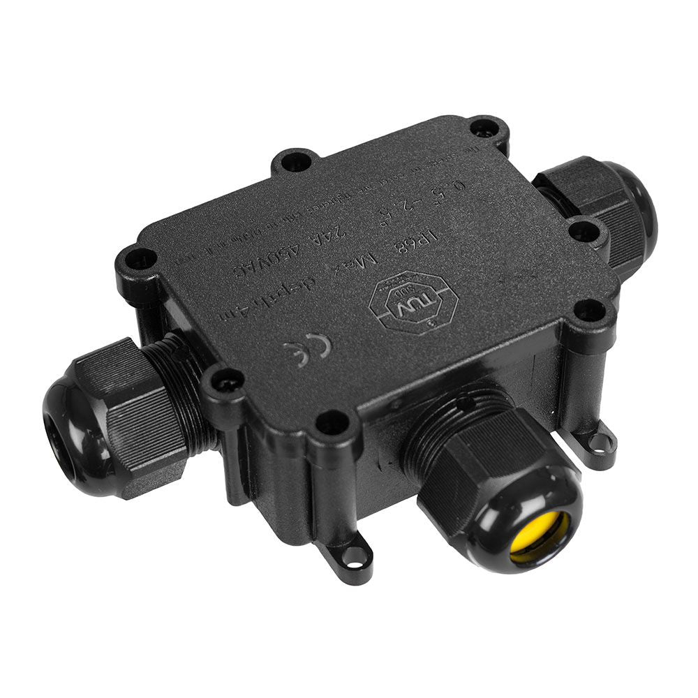 Caja de empalmes aerea para exterior estanca con 3 prensaestopas ip68 para exterior 9,3x7,3x3,8cm black series solera (retractilado) bk-3pt