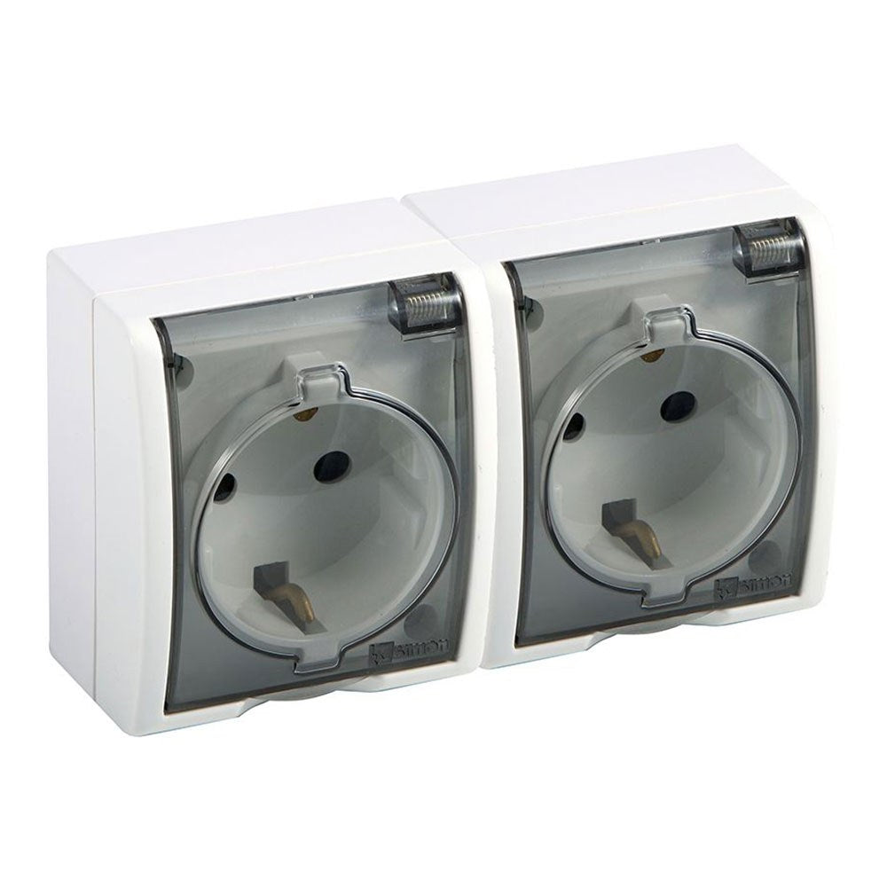 Base doble, superficie, schuko 2p+t, 16a 250v~, ip54, serie aquarius, blanco con tapa transparente, blister