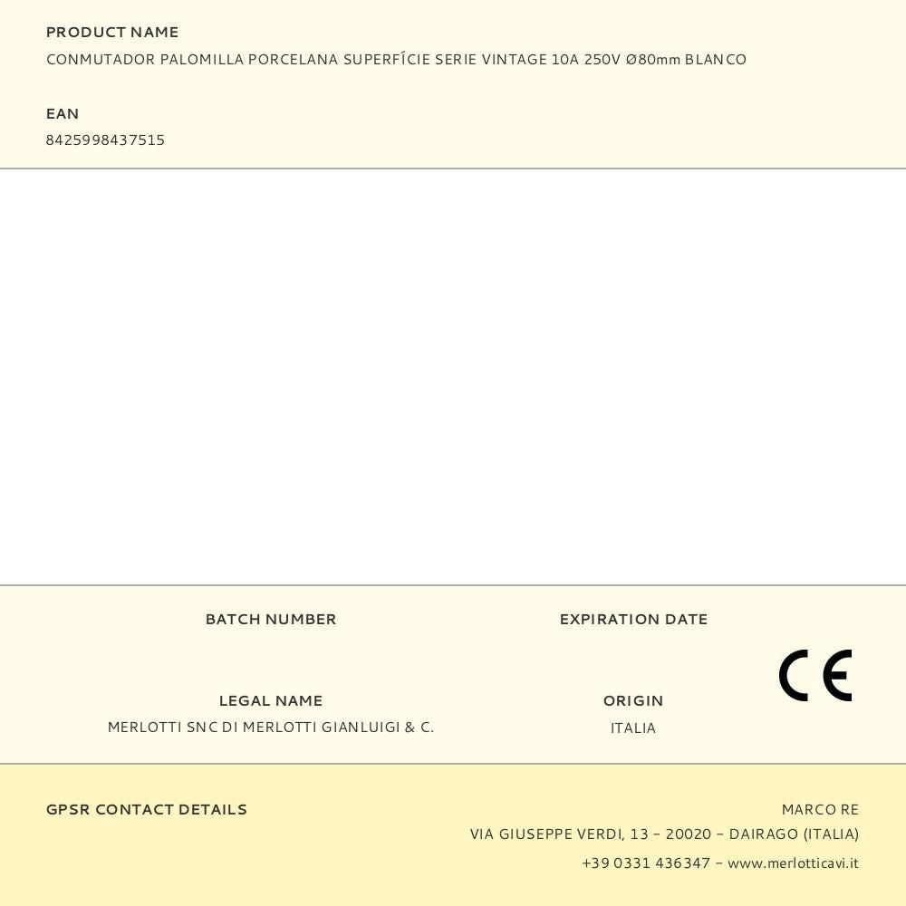 Conmutador palomilla porcelana superfície serie vintage 10a 250v ø80mm blanco