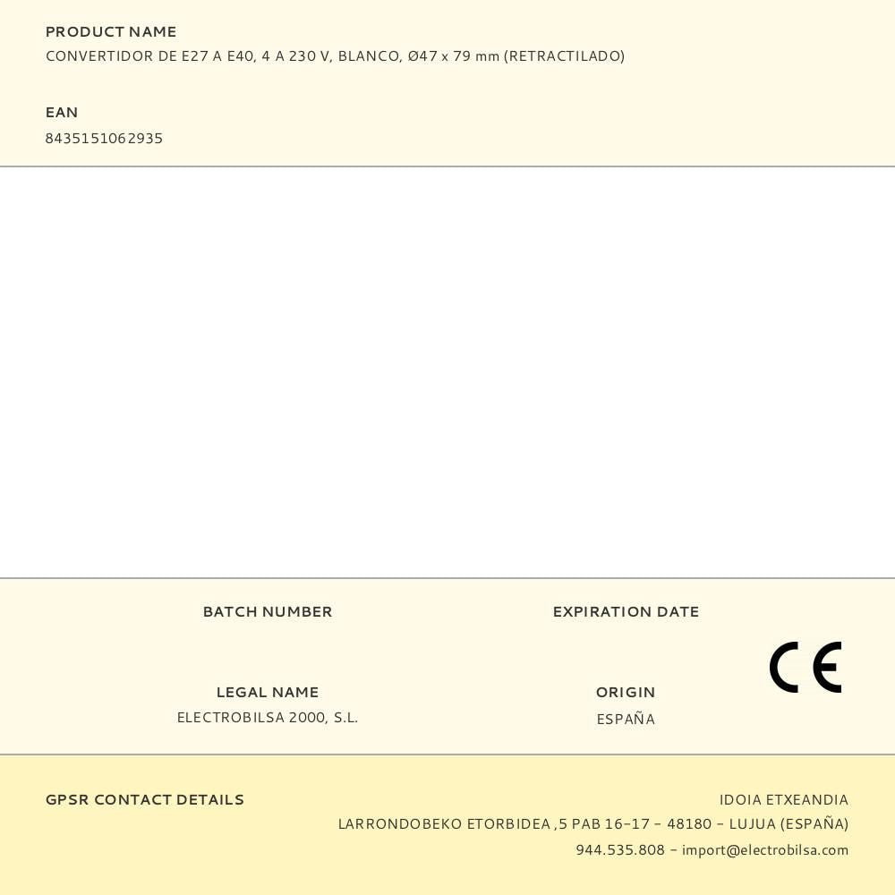 Convertidor de e27 a e40, 4 a 230 v, blanco, ø47 x 79 mm (retractilado)