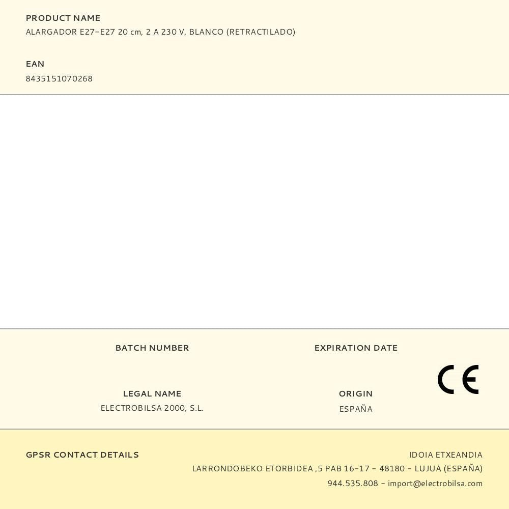 Alargador e27-e27 20 cm, 2 a 230 v, blanco (retractilado)